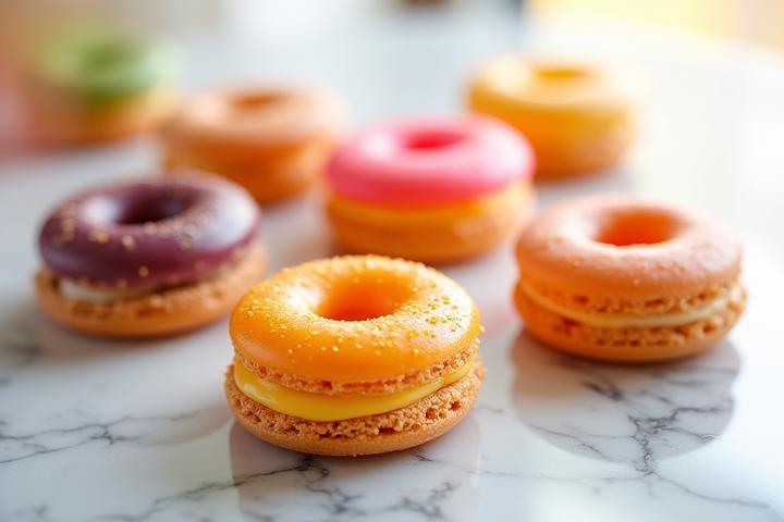 Une collection de pâtisseries hybrides posées sur un fond marbré clair, incluant un 'Cronut' parfait à la surface caramélisée et un 'Macaron-Éclair' aux couleurs vives et aux textures contrastées, mettant en évidence l'innovation culinaire.