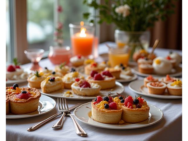 Table de brunch somptueuse pour un anniversaire, avec gâteaux, fruits et vaisselle festive.