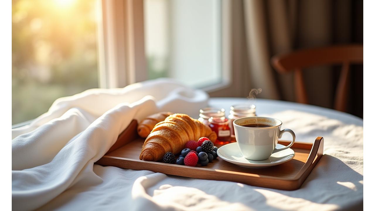 Un plateau de petit-déjeuner élégamment dressé avec des viennoiseries dorées, un café fumant et des confitures artisanales, baigné d'une douce lumière matinale.