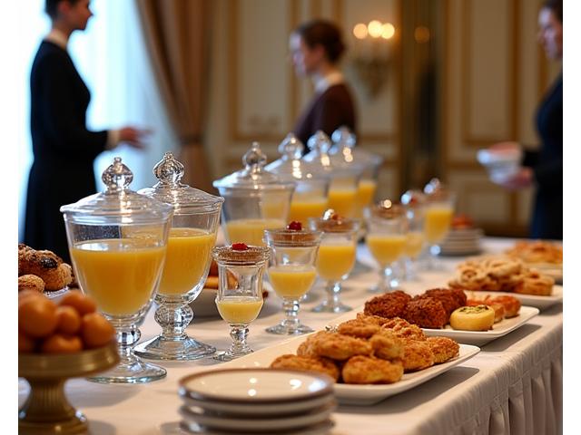Une table de buffet petit-déjeuner somptueuse dans un hôtel de luxe parisien, avec des plats élégamment présentés et un service impeccable.