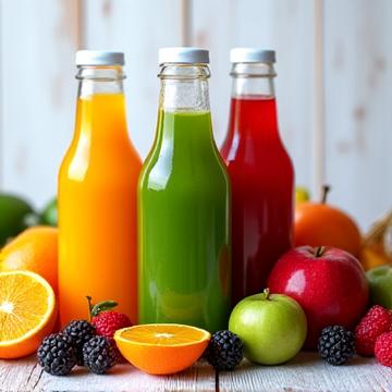 Bouteilles de jus de fruits frais pressés, aux couleurs vives et naturelles.