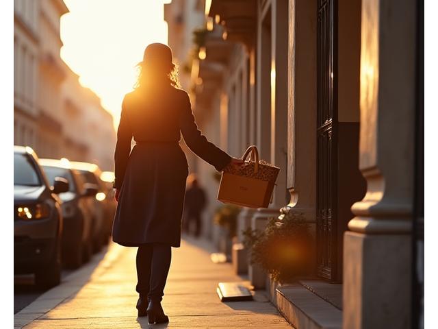 Un livreur élégant remettant discrètement un panier petit-déjeuner devant une entrée d'immeuble parisien au lever du soleil.