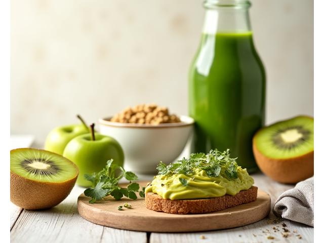 Panier Healthy avec pain complet, muesli maison, jus de légumes pressés et fruits secs.