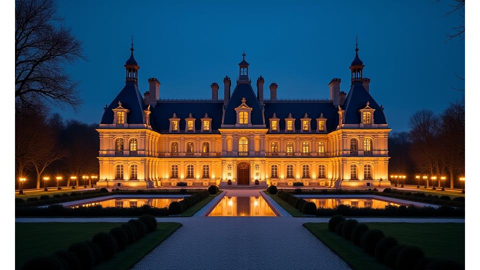 Vue extérieure d'un somptueux château français éclairé la nuit, parfait pour les mariages