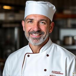 Portrait d'un chef exécutif souriant en uniforme, devant une cuisine moderne