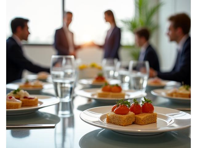 Déjeuner d'affaires élégant avec des canapés gourmet et des boissons servies lors d'un événement d'entreprise moderne