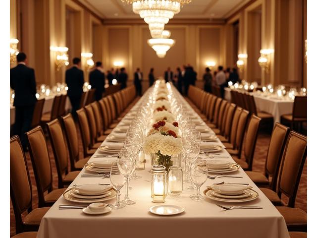 Dîner de gala formel avec des tables élégamment dressées, des chandeliers, et des convives en tenue de soirée