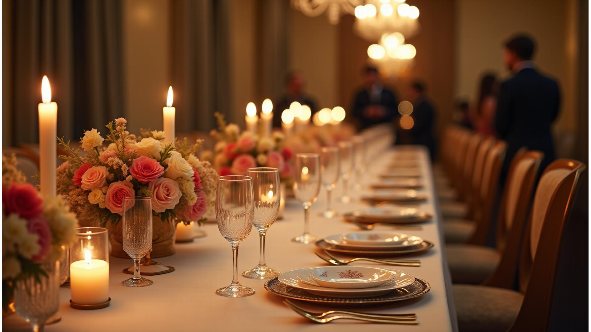 Une table de réception somptueuse avec de la vaisselle fine et des arrangements floraux élégants, illuminée par des lustres, dans un château près de Paris.