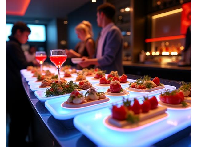 Cocktail dînatoire avec des créations culinaires innovantes et colorées, sur des plateaux lumineux lors d'un événement promotionnel
