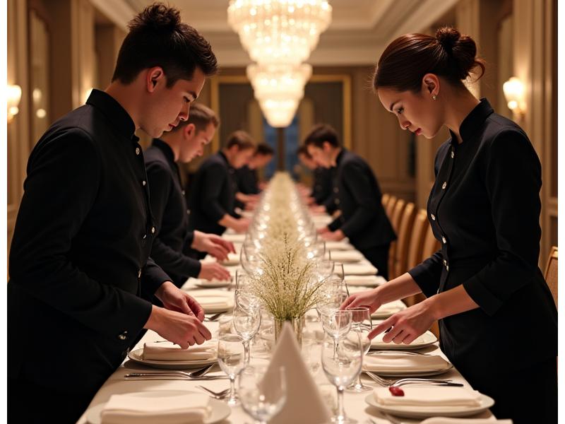 Équipe de traiteur professionnel dressant une longue table de réception avec précision, sous une éclairage élégant