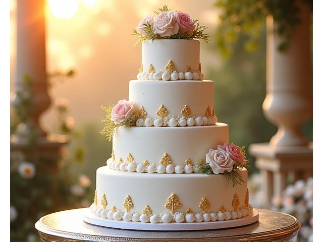 Détail de gâteau de mariage à plusieurs étages décoré de fleurs comestibles délicates dans un jardin luxuriant