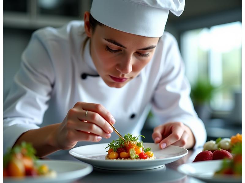 Un chef en toque blanche, concentré sur le dressage artistique d'un plat gastronomique sophistiqué avec des micro-pousses et des sauces délicates.