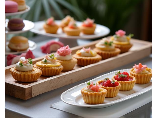Buffet sophistiqué avec une variété de petits fours salés et sucrés, joliment arrangés pour une réception privée