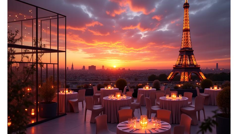 Vue panoramique de Paris au coucher du soleil depuis un rooftop élégant avec des tables dressées